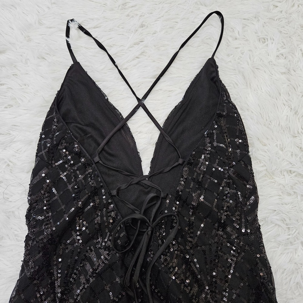Lulus Women's Sz S Black Sequin Sleeveless Plunge Neck Sexy Mini Dress Clubwear - Picture 6 of 10